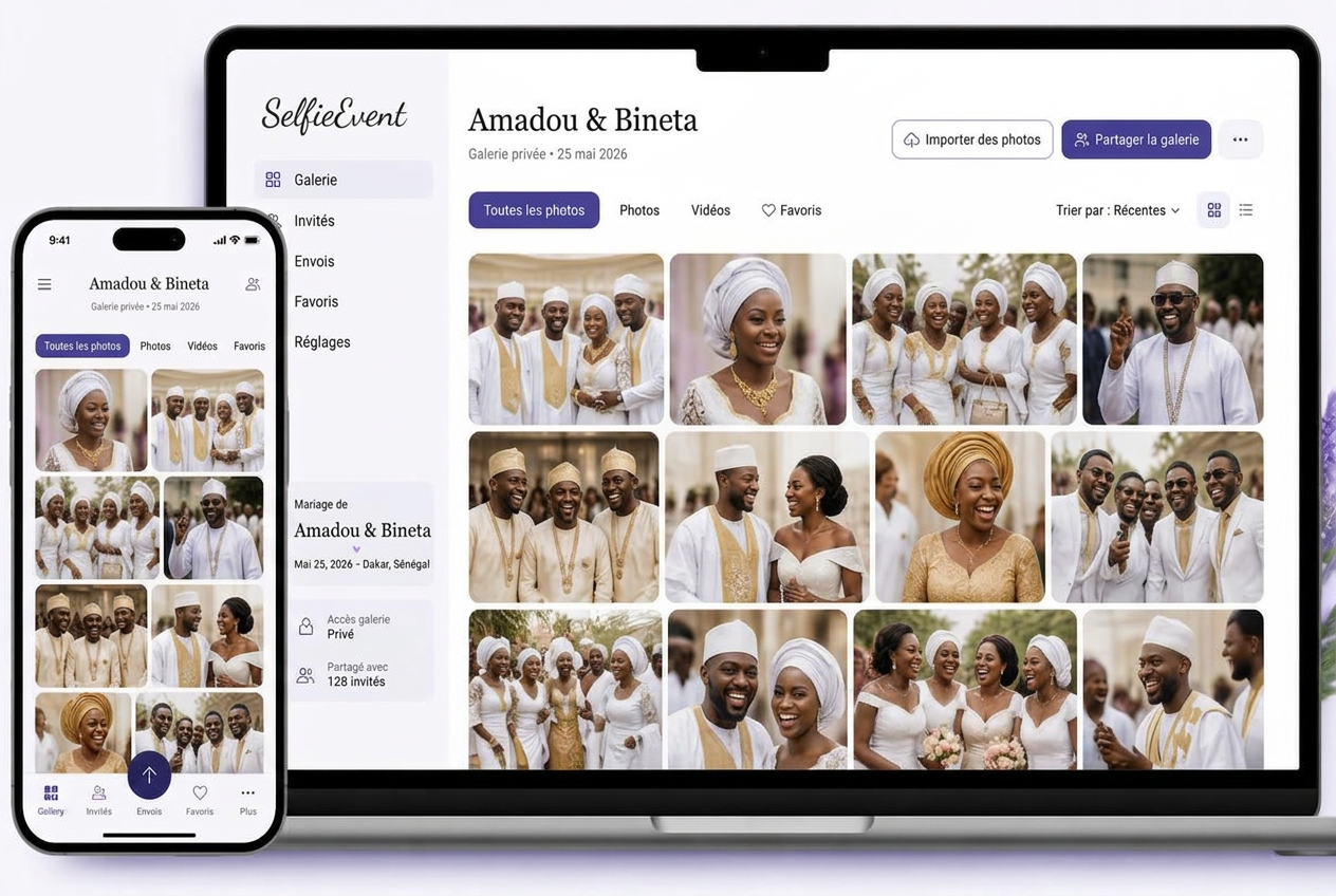 Galerie privée d'un mariage sénégalais sur mobile et ordinateur